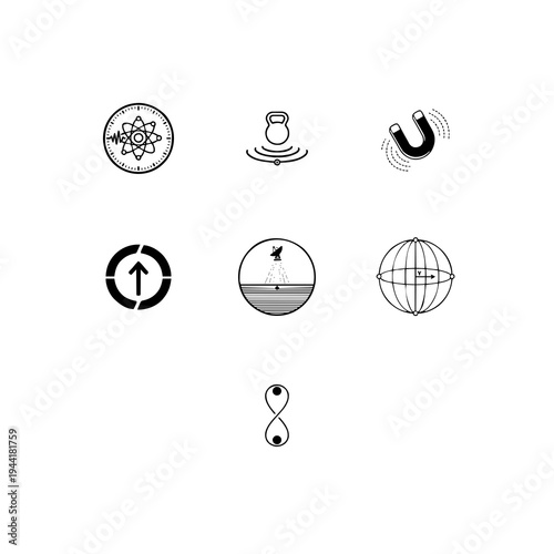 Quantum sensors and advanced metrology linear icon set, atomic clock precision, gravimetry and quantum magnetic field measurement vector symbols