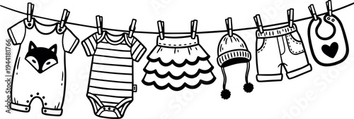 Black and white line art baby clothes hanging on a clothesline with clips including romper skirt shorts hat and bib vector illustration