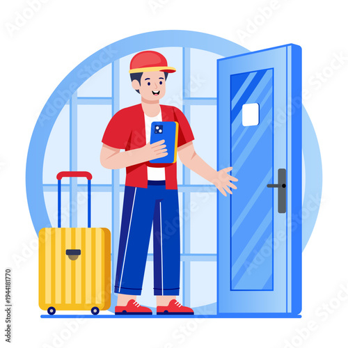 A flat style illustration of hotel check in