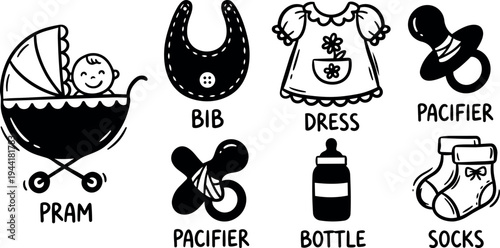 Black and white vector baby items set with pram smiling baby pacifier bib bottle dress and socks icons