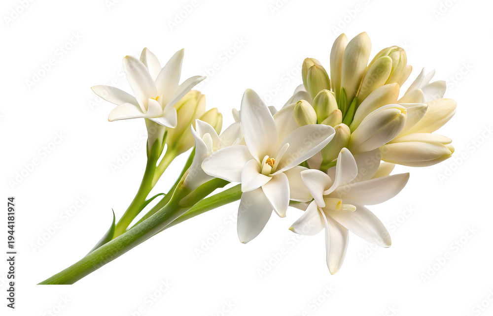 Fototapeta premium Beautiful sprig of white tuberose flowers and buds with green stem