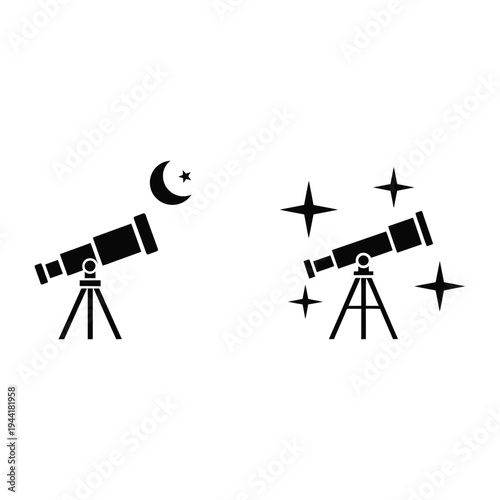 Two telescopes observe celestial bodies in the night sky with stars and moon