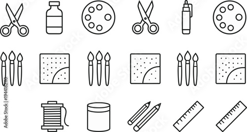 Craft and art supply line icons set with scissors paint palette brushes canvas glue thread spool pencils rulers minimal outline design collection