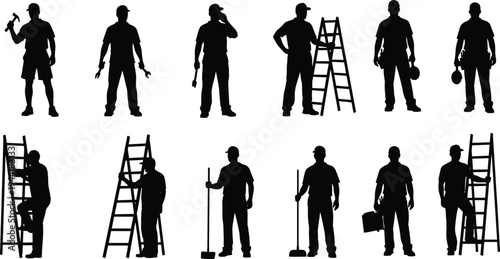 Construction Workers Silhouette Set with Tools and Ladders, Builder and Technician Poses Collection, Industrial Occupations, Manual Labor Team, Isolated Vector Illustration on White
