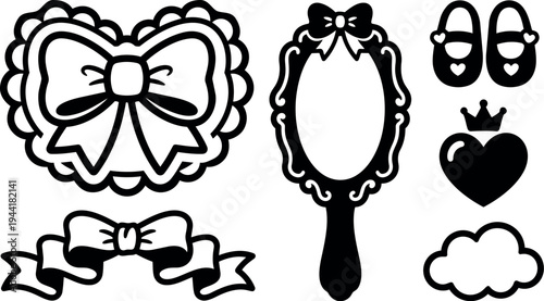 Black and white vector set of decorative bows mirror shoes heart crown and cloud outline icons design elements
