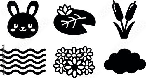 Cute bunny face lotus leaf cattail river waves flower cluster and cloud silhouette icons set vector art