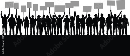 Crowd protest silhouettes holding blank banners, diverse people demonstration rally, social activism concept, public strike gathering, political movement illustration isolated background