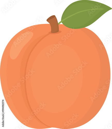 Fresh peach with green leaf isolated on white background. Illustration with cute whole fruit