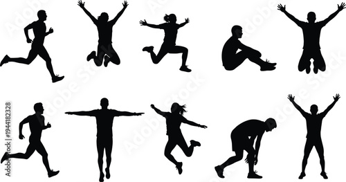 Dynamic silhouette collection of athletes running, jumping, stretching, and exercising representing fitness training, active lifestyle, body movement, workout routines, sports performance, and energy
