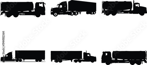 Group of six different black silhouette semi-trucks, including tanker and flatbed variants, on white.