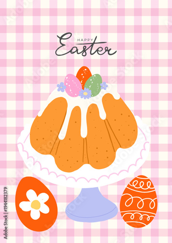 Cute Easter greeting, card, poster, cover with doodle hand drawn Easter cake, eggs and typography design on checkered bakground. Modern art template