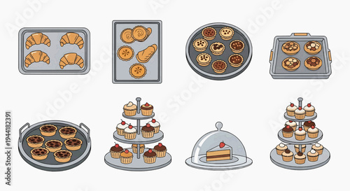 Set of baked goods croissants, muffins, tarts, and cakes on trays and stands