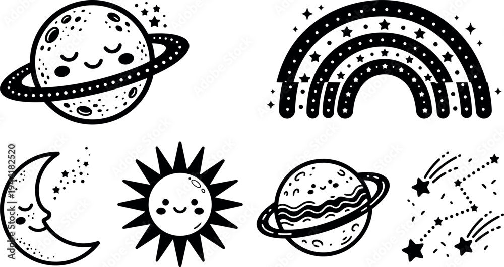 Fototapeta premium Cute kawaii style planets sun moon stars and rainbow with happy faces black and white vector art illustration