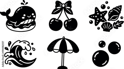 Cute whale on donut cherry with bow starfish seashell wave beach umbrella and bubbles set vector icons