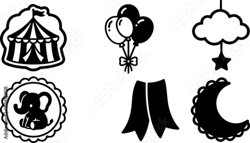Black and white vector icons set including circus tent elephant balloons cloud star ribbon and crescent moon silhouette