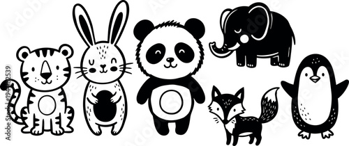 Black and white line art cute tiger rabbit panda elephant fox and penguin animal characters standing in a row simple vector illustration