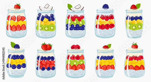 Healthy breakfast jars filled with colorful fruits and berries, ideal for a nutritious start to the day