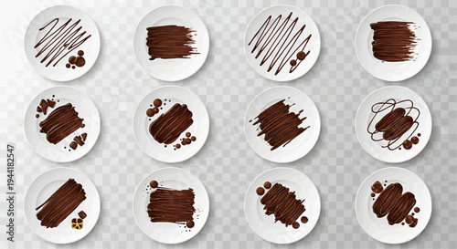 Collection of diverse chocolate sauce designs on white ceramic plates, showcasing various abstract and artistic patterns for gourmet dessert decoration or culinary presentation ideas