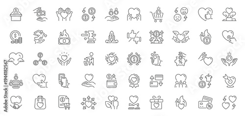 Donation and charity icons set. editable line, outline, fundraising symbols