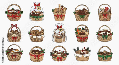 Delightful Assortment of Festive Gift Baskets Filled with Gourmet Treats and Holiday Goodies, Charming Hand-Drawn Vector Illustrations for Celebrations and Special Occasions