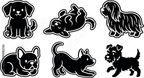 Vector art six black puppy silhouettes in various playful poses sitting lying down stretching and standing with different fur textures