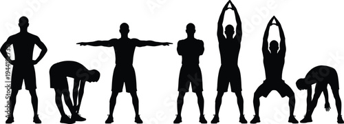 Fitness Exercise Silhouette Set Showing Stretching Warm Up and Workout Poses, Athletic Training Routine Collection, Healthy Lifestyle, Gym Practice, Isolated Vector Illustration