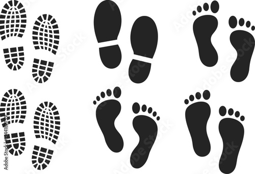 Set of Footprint Icons Shoe and Barefoot Silhouettes on White Background shoe print bare footprint