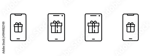 Mobile gift delivery and digital surprise outline icon set featuring smartphone screen with present box for ecommerce reward and more vector illustration or editable stroke
