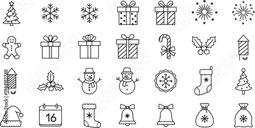 Christmas holiday line icon set with tree, snowflake, gift box, gingerbread man, candy cane, bell and stocking festive vector collection