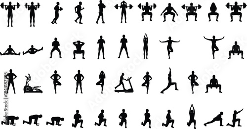 Fitness exercise silhouettes collection featuring gym workouts, weightlifting, cardio training, stretching and yoga poses, healthy lifestyle sports illustration set isolated background