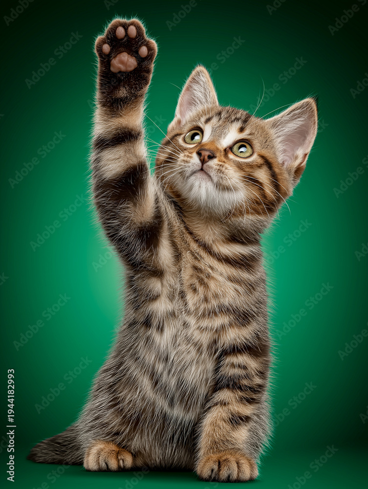 Fototapeta premium Fluffy kitten with large eyes walks towards the camera on a green background, showcasing its playful and curious nature in a studio setting