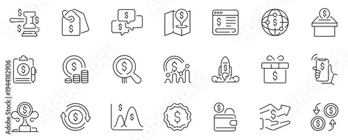 Price and finance icons set. editable line symbols for commerce and currency
