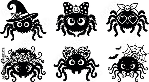 Halloween spider vector set with witch hat bow floral crown heart glasses and spider web festive cute cartoon style black silhouettes