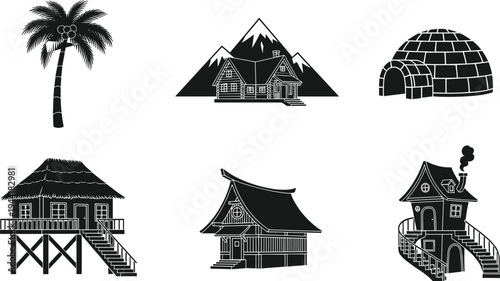 House and shelter silhouettes collection featuring tropical hut, mountain cabin, igloo, stilt house, traditional homes, and fantasy cottage representing global architecture and living styles