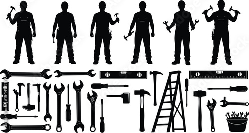 Handyman and Construction Tools Silhouette Set, Professional Repair Worker Poses Collection with Wrenches, Hammers, Screwdrivers and Ladder, Industrial Maintenance Vector Illustration