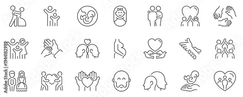 Family and relationships icons set. editable line icons, outline, connection symbols