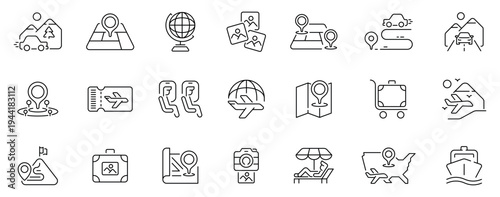 Travel and tourism icons set . editable line icons, outline, vacation, map symbols
