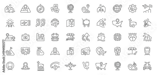 Travel and tourism icons set. editable line icons, outline vacation symbols