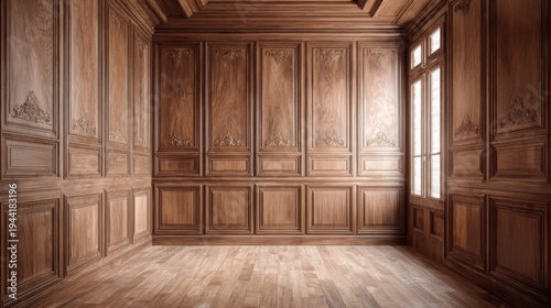 Elegant interior view of a luxurious wooden room with intricate wall paneling and warm natural light, showcasing classic architectural design elements