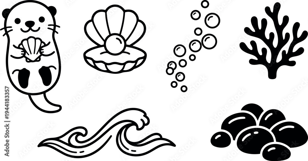 Obraz premium Minimalist black line art sea otter holding shell with pearl waves coral stones and air bubbles vector icons set