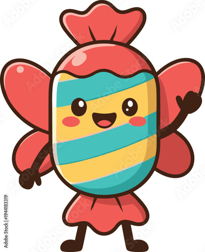 Cute colorful cartoon candy mascot character with wings and smiling face, playful sweet confectionery illustration for kids branding, stickers, packaging, candy shop design