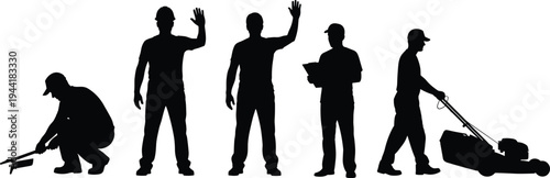 Maintenance and Landscaping Workers Silhouette Set, Professional Technician and Gardener Poses Collection, Cleaning and Lawn Care Services, Manual Labor Occupations, Isolated Vector Illustration
