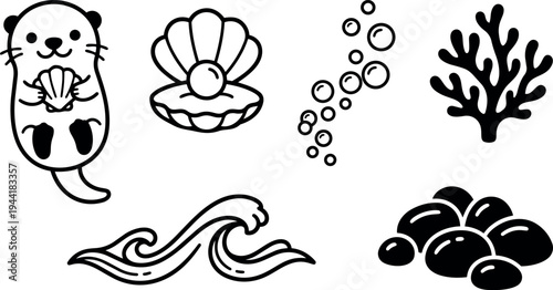 Minimalist black line art sea otter holding shell with pearl waves coral stones and air bubbles vector icons set