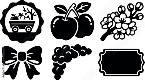 Black silhouette flat design fruit icons including cherry wagon apples floral bow grapes and decorative frame elements vector art set