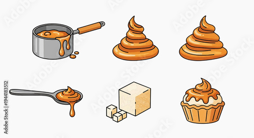 Illustrations of caramel sauce, cubes of sugar, and a cupcake with caramel topping