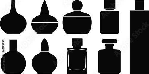Perfume Bottle Silhouettes Collection, Elegant Fragrance Container Shapes Set, Cosmetic Packaging Design Elements, Luxury Aroma Product Mockups, Isolated Black Vector Illustration