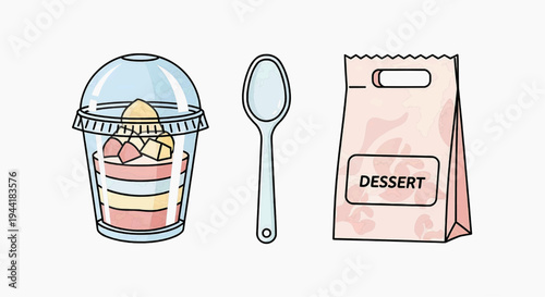 Assortment of sweet dessert items for takeaway, featuring a beautifully layered parfait in a clear cup, a spoon, and a charming pink paper bag labeled 'DESSERT'