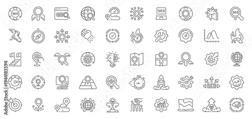 Seo and marketing icons set. editable line icons, analytics and strategy symbols