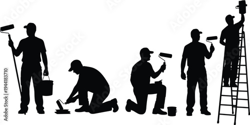 Professional Painter Silhouettes Set with Rollers, Buckets and Ladder, House Painting Workers Collection, Home Renovation Services, Manual Labor Occupations, Isolated Vector Illustration