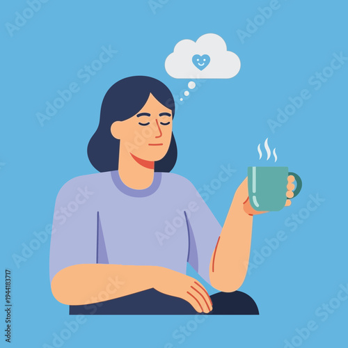 Woman with closed eyes holding a steaming mug, thinking of a happy cloud.